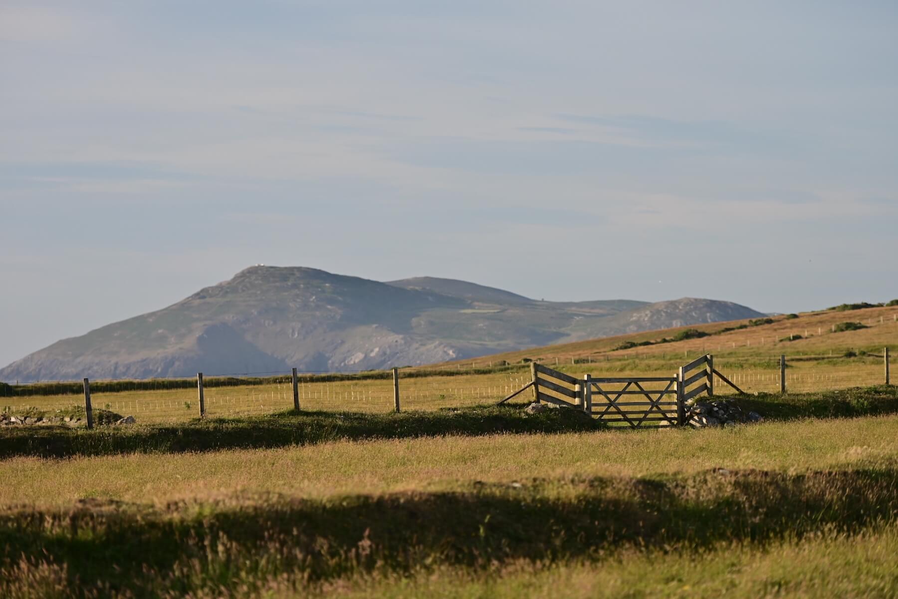 A wooden gate and fence stand in a grassy field with a mountain in the background under a clear sky.
